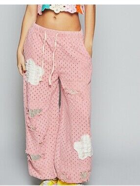 #295. POL Texture Pink and White Floral Patch Jogger Pants.